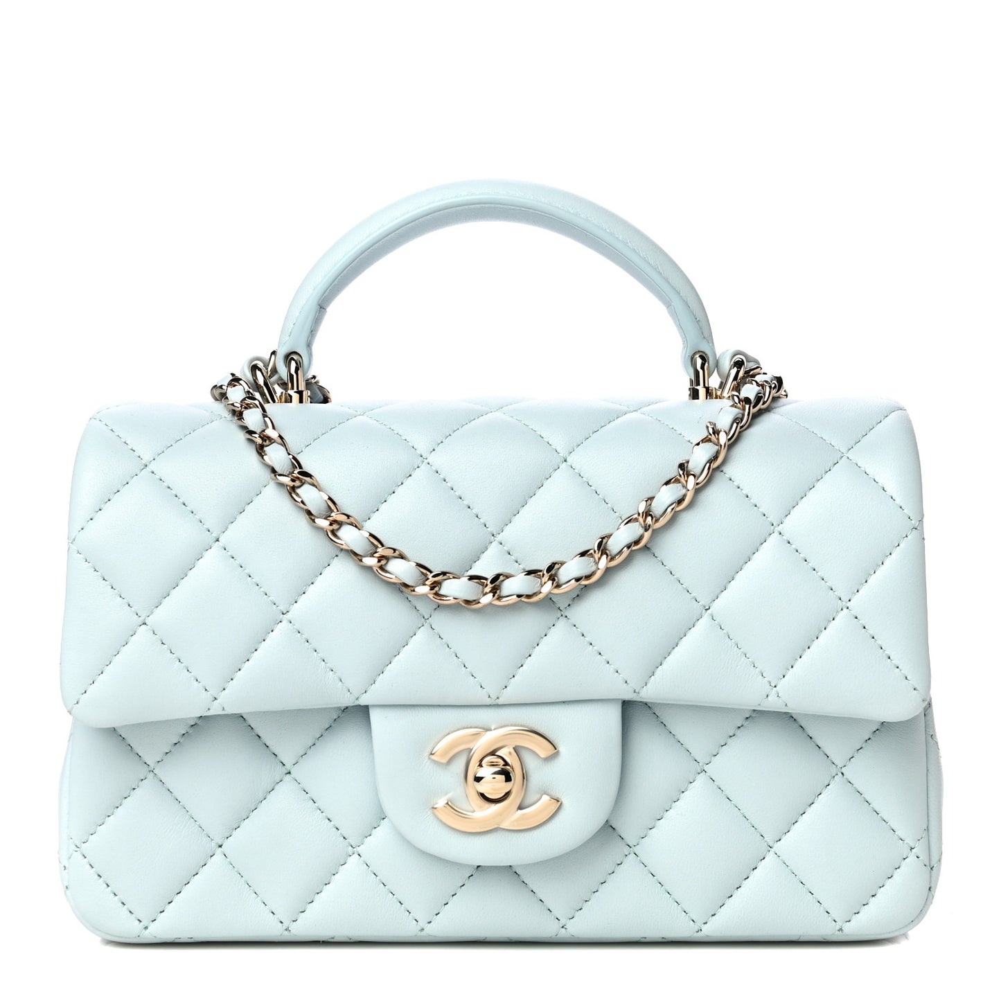 Lambskin Quilted Mini Top Handle Rectangular Flap Light Blue