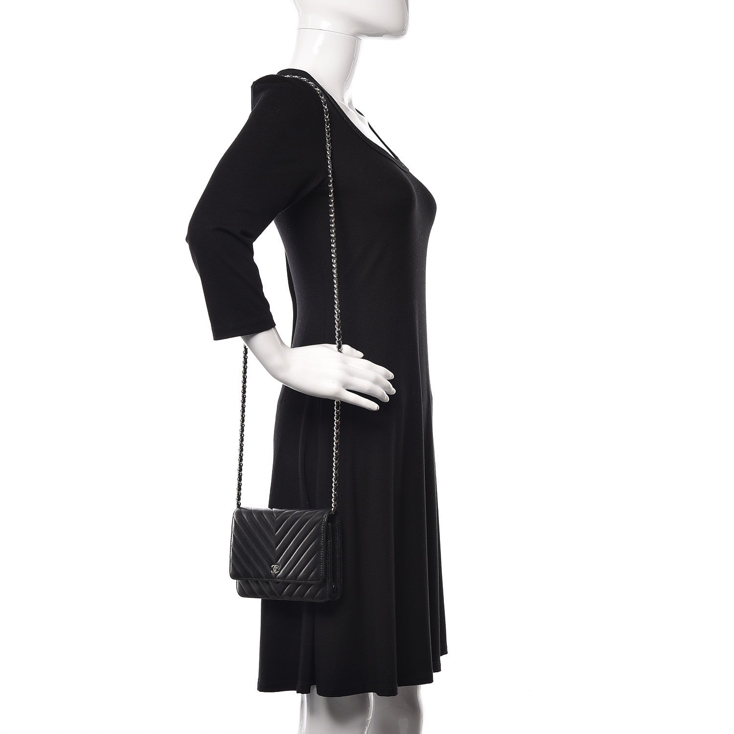 Chanel Lambskin Chevron Quilted Wallet On Chain WOC Black 2 of 14