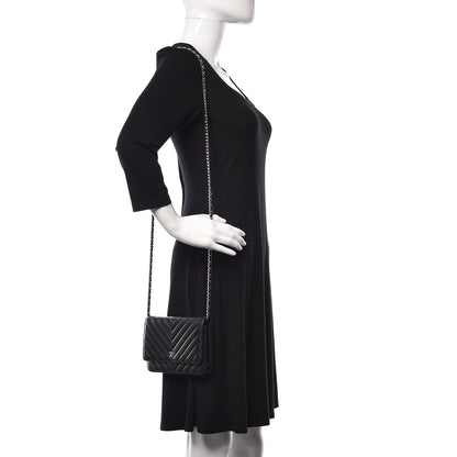 Chanel Lambskin Chevron Quilted Wallet On Chain WOC Black 2 of 14