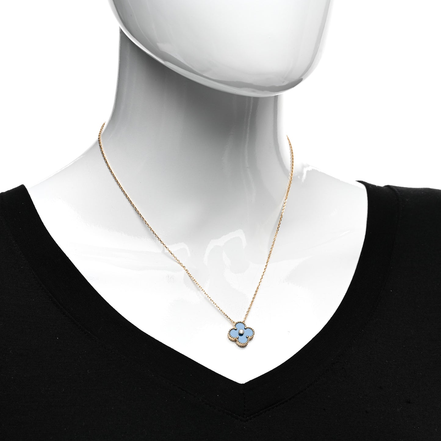 18K Yellow Gold Diamond Celestial Blue Sevres Porcelain Vintage Alhambra Pendant Necklace