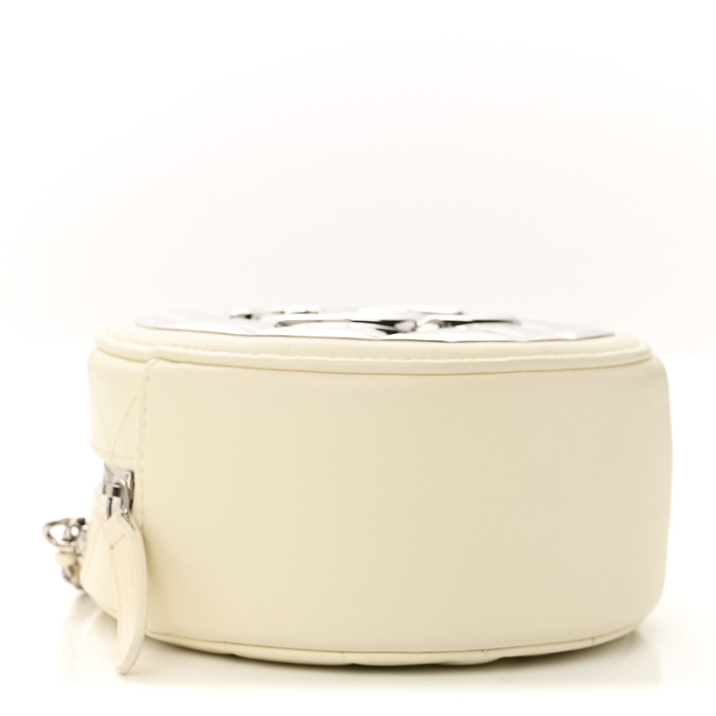 Lambskin Metal Quilted Round Clutch With Chain White Silver