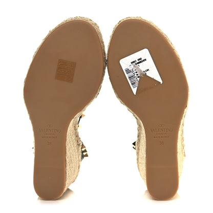 Valentino Garavani Grained Calfskin Rockstud Ankle Strap Espadrille 15/105mm Wedge Sandals 38 Black Light Cuir Natural 5 of 8