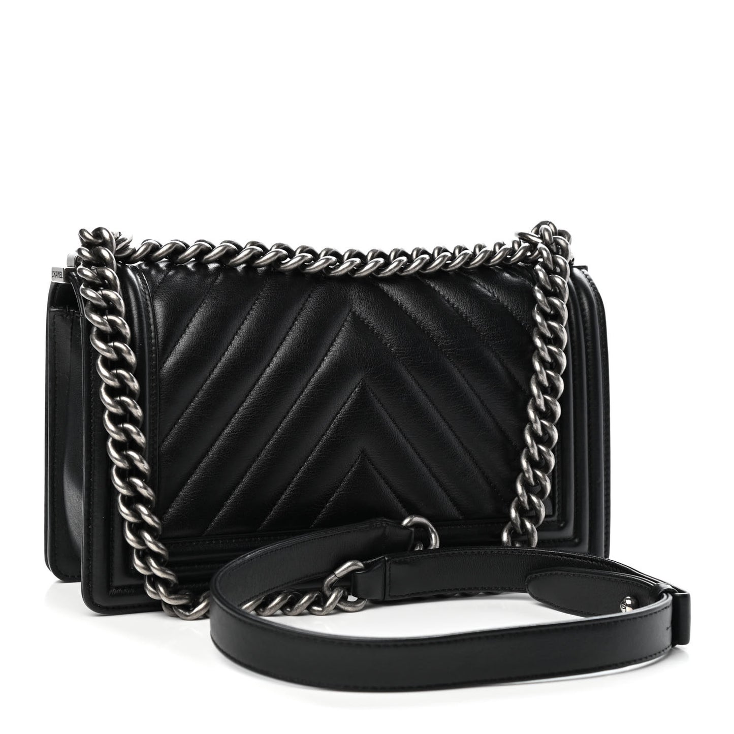 Calfskin Chevron Quilted Medium Boy Flap Black