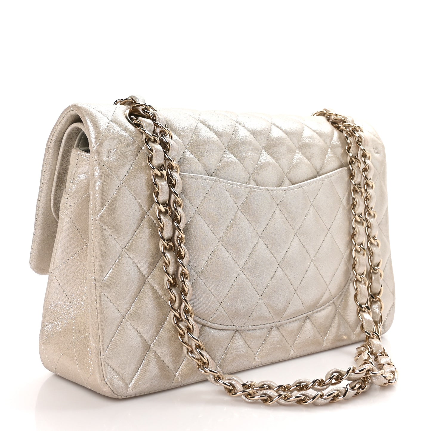 Iridescent Calfskin Quilted Medium Double Flap Light Gold