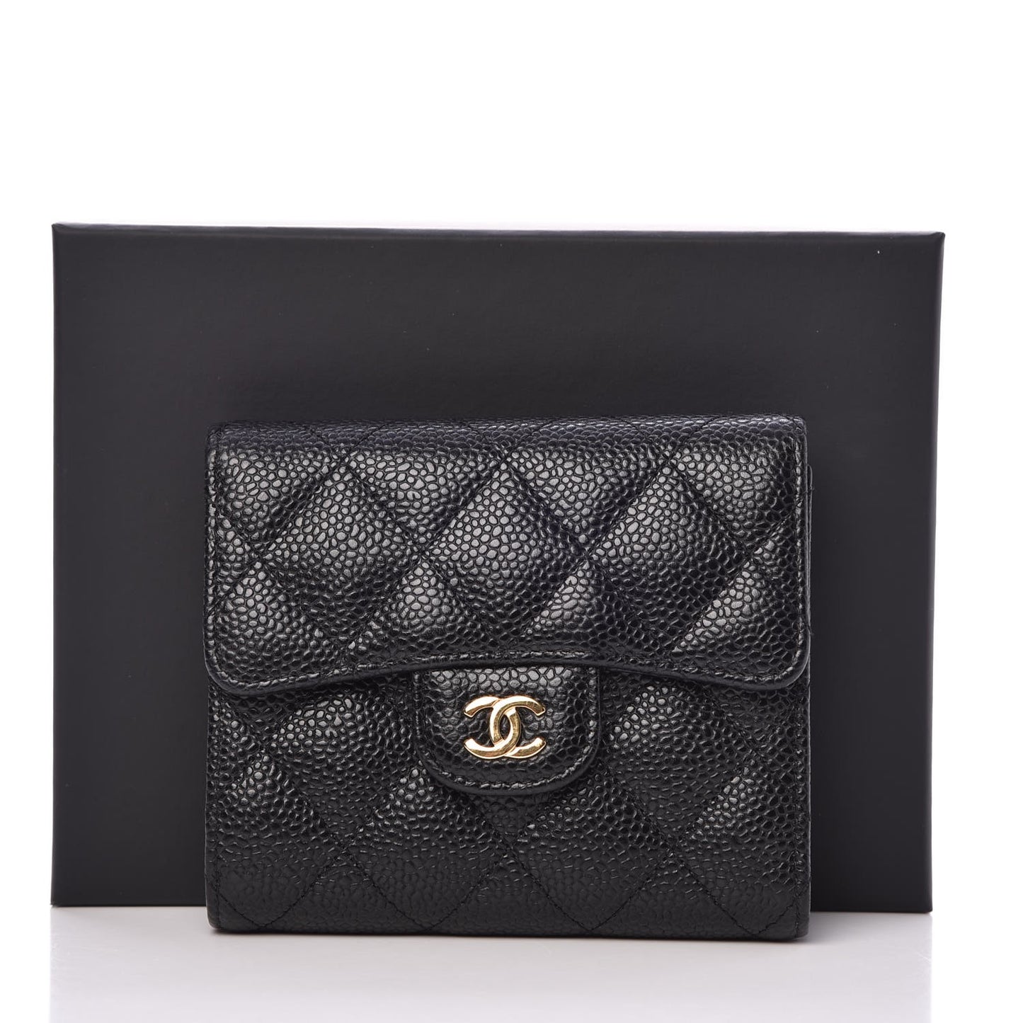 Caviar Quilted Compact Flap Wallet Black