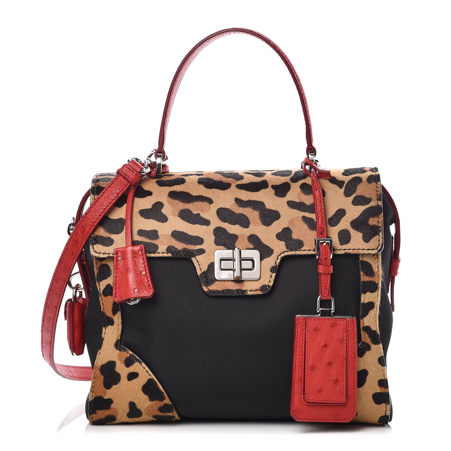 Prada Tessuto Cavallino Ostrich Leopard Print Tote Black Miele Rosso 1 of 9