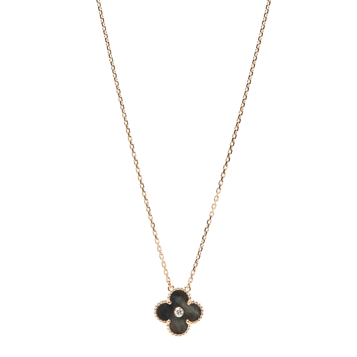18K Rose Gold Diamond Grey Mother of Pearl Vintage Alhambra Pendant Necklace