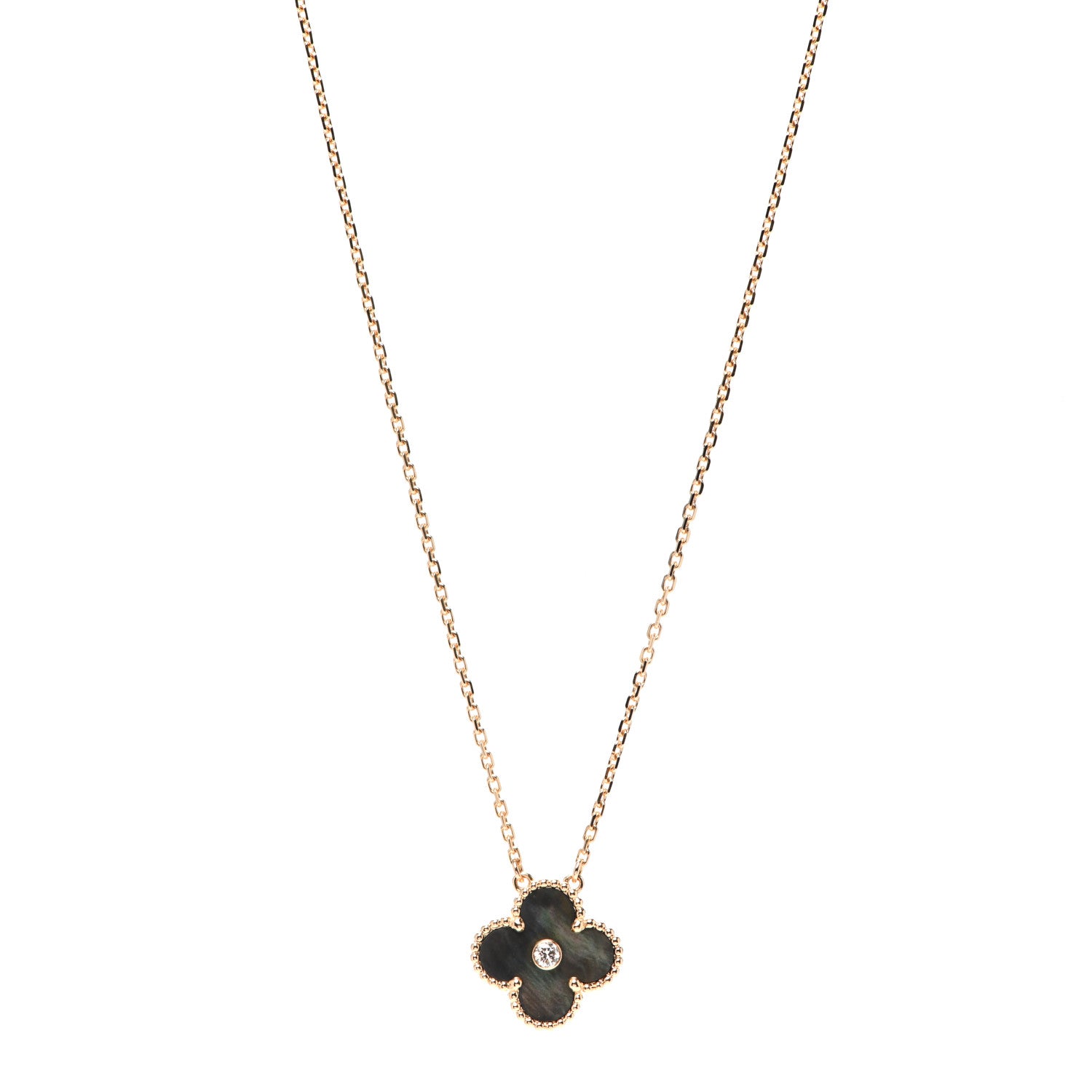 Van Cleef & Arpels 18K Rose Gold Diamond Grey Mother of Pearl Vintage Alhambra Pendant Necklace 1 of 8