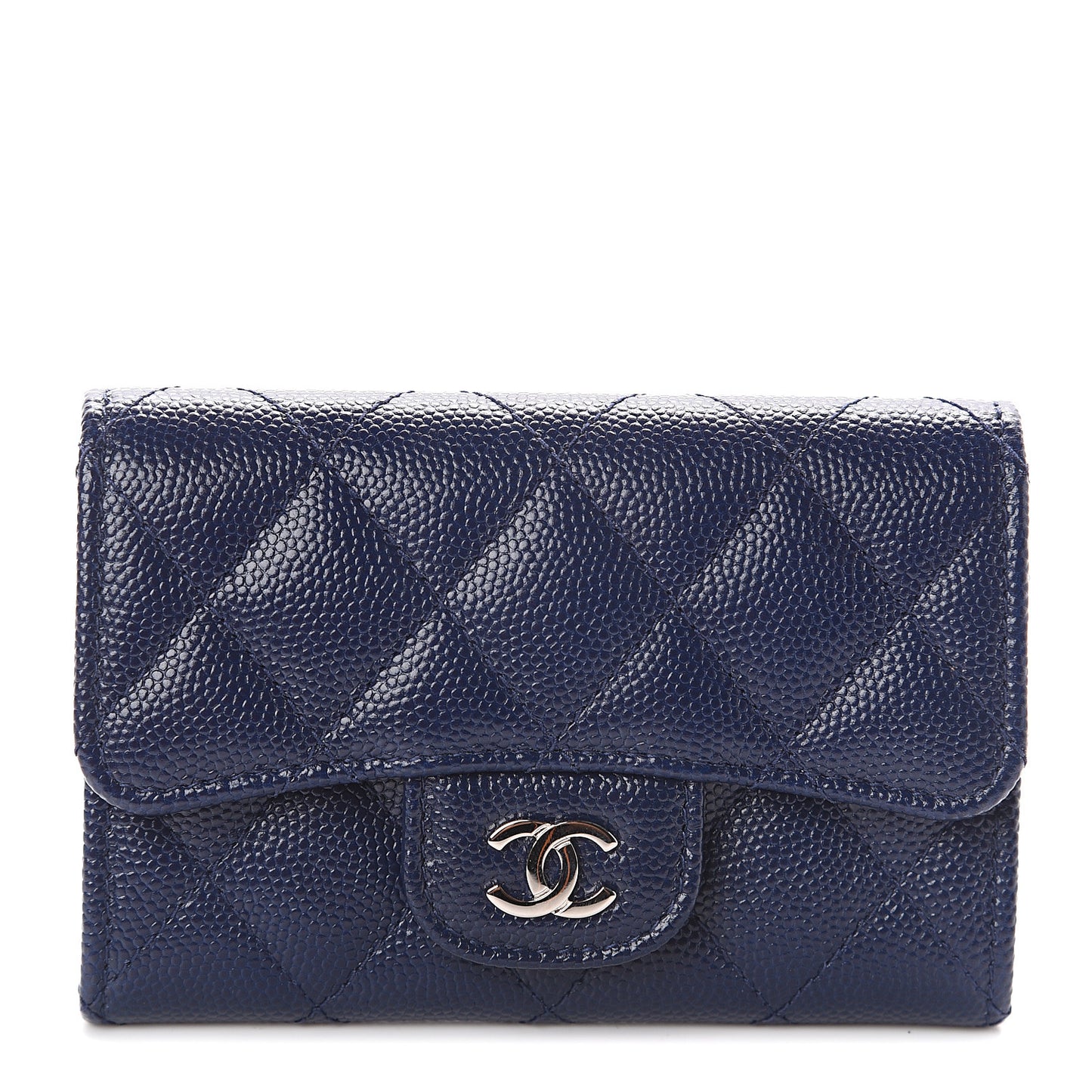 Caviar Quilted Flap Card Holder Navy Blue