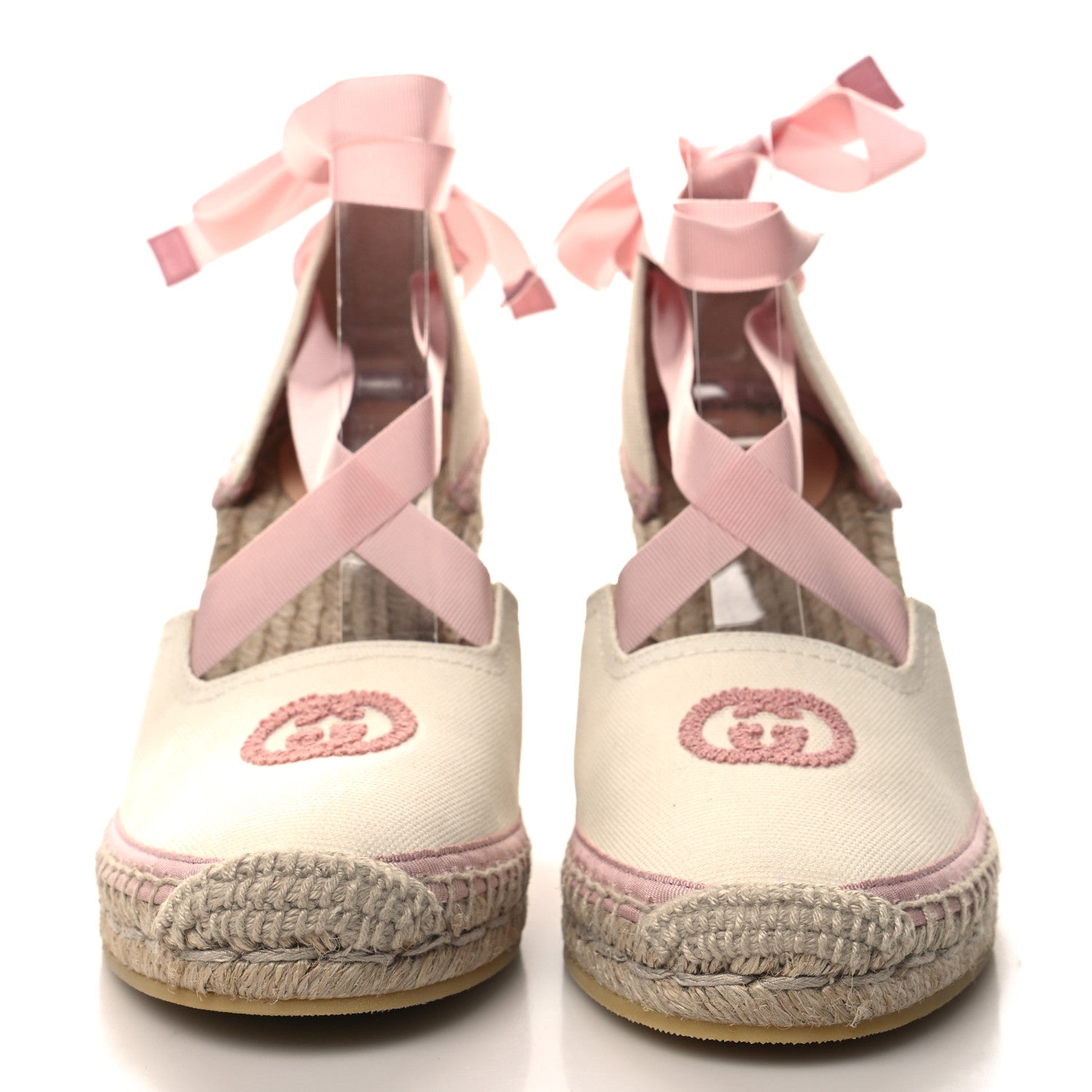 Gucci Canvas Grossgrain Embroidered Judit Ankle Wrap Platform 35/120mm Espadrille Wedges 38 White Shell 2 of 7