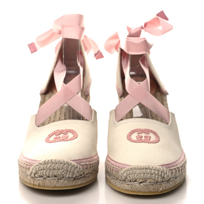 Gucci Canvas Grossgrain Embroidered Judit Ankle Wrap Platform 35/120mm Espadrille Wedges 38 White Shell 2 of 7