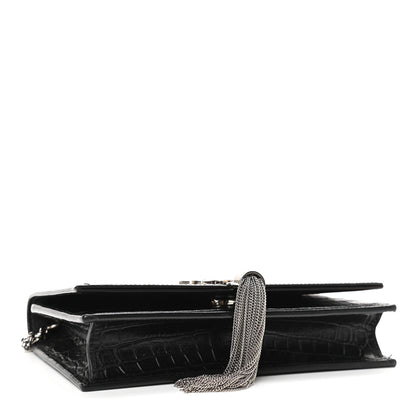 Saint Laurent Calfskin Crocodile Embossed Kate Monogram Tassel Chain Wallet Black 4 of 10