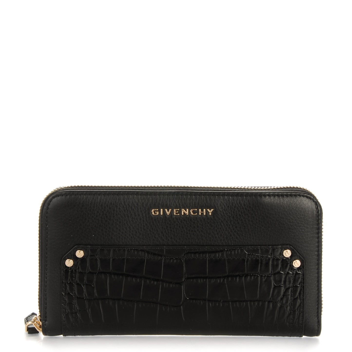 Calfskin Crocodile Embossed Pandora Zip Around Wallet Black