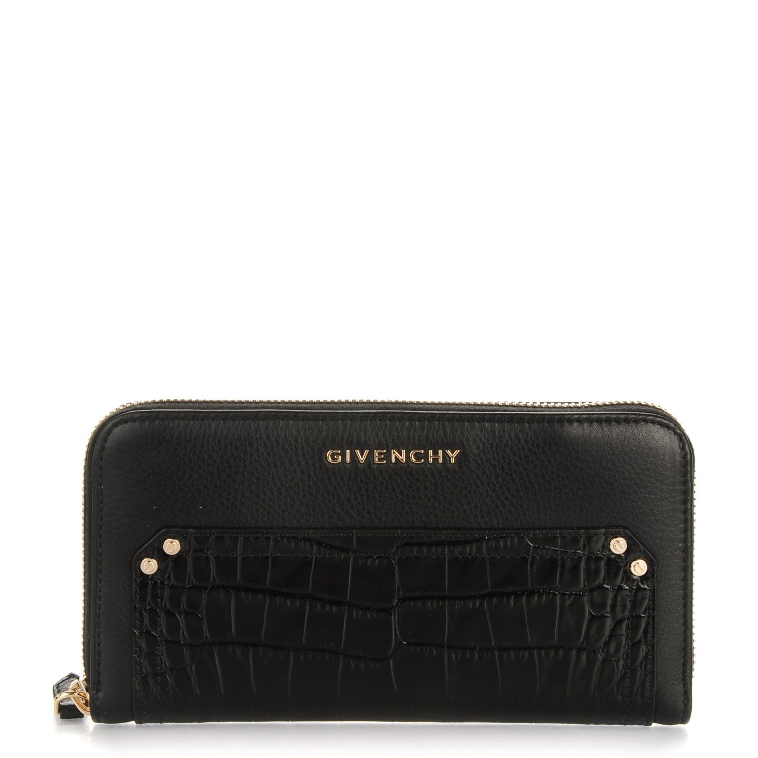 Givenchy Calfskin Crocodile Embossed Pandora Zip Around Wallet Black 1 of 8