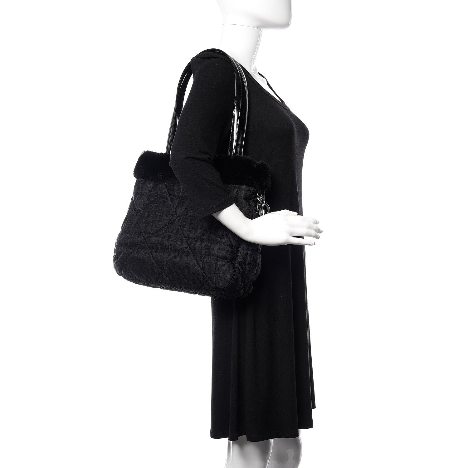Christian Dior Nylon Monogram Fur Cannage Tote Black 2 of 9