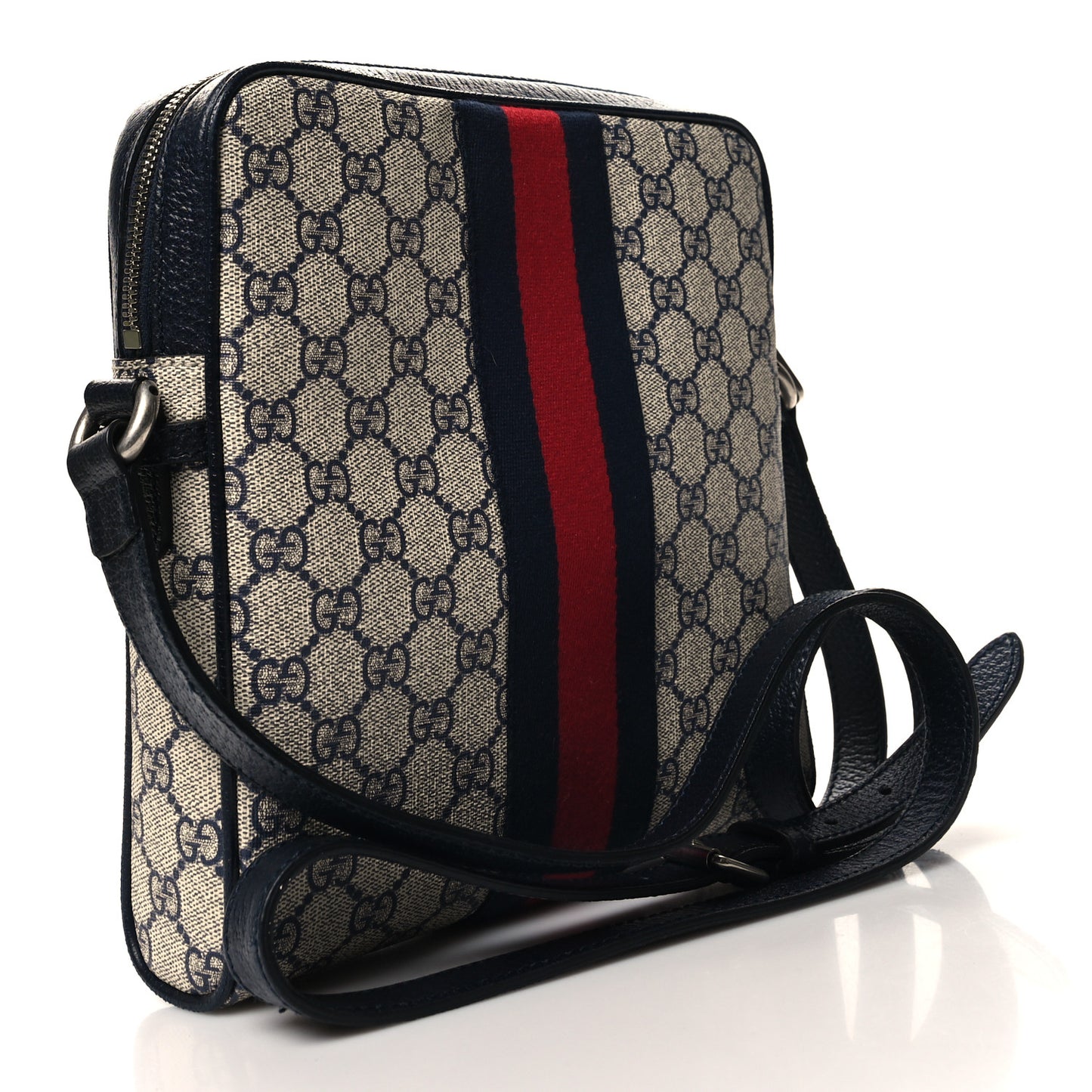 GG Supreme Monogram Textured Dollar Calfskin Web Small Ophidia Messenger Bag Beige Blue
