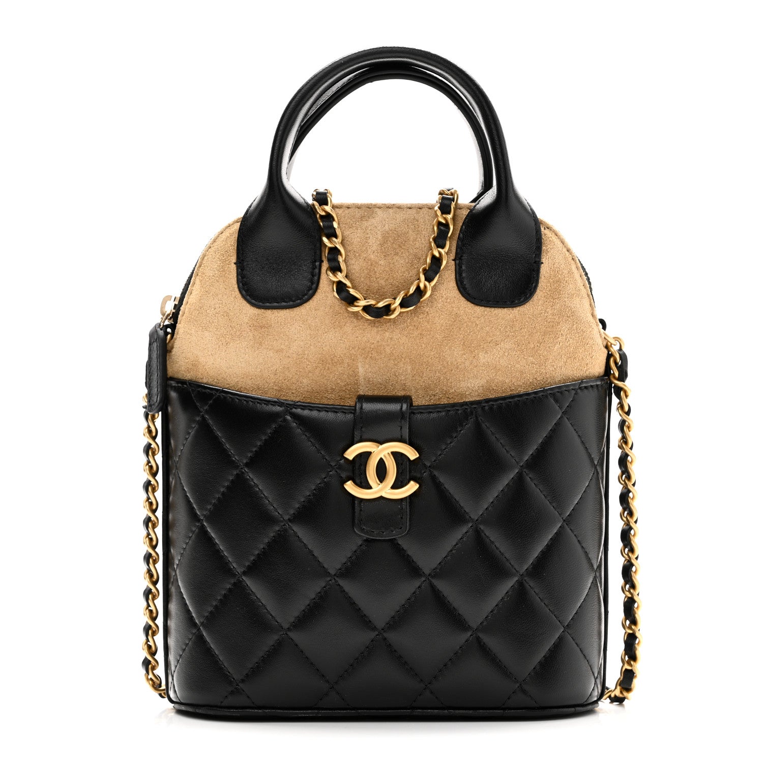 Chanel Suede Shiny Lambskin Quilted Top Handle Clutch With Chain Black Beige 1 of 10