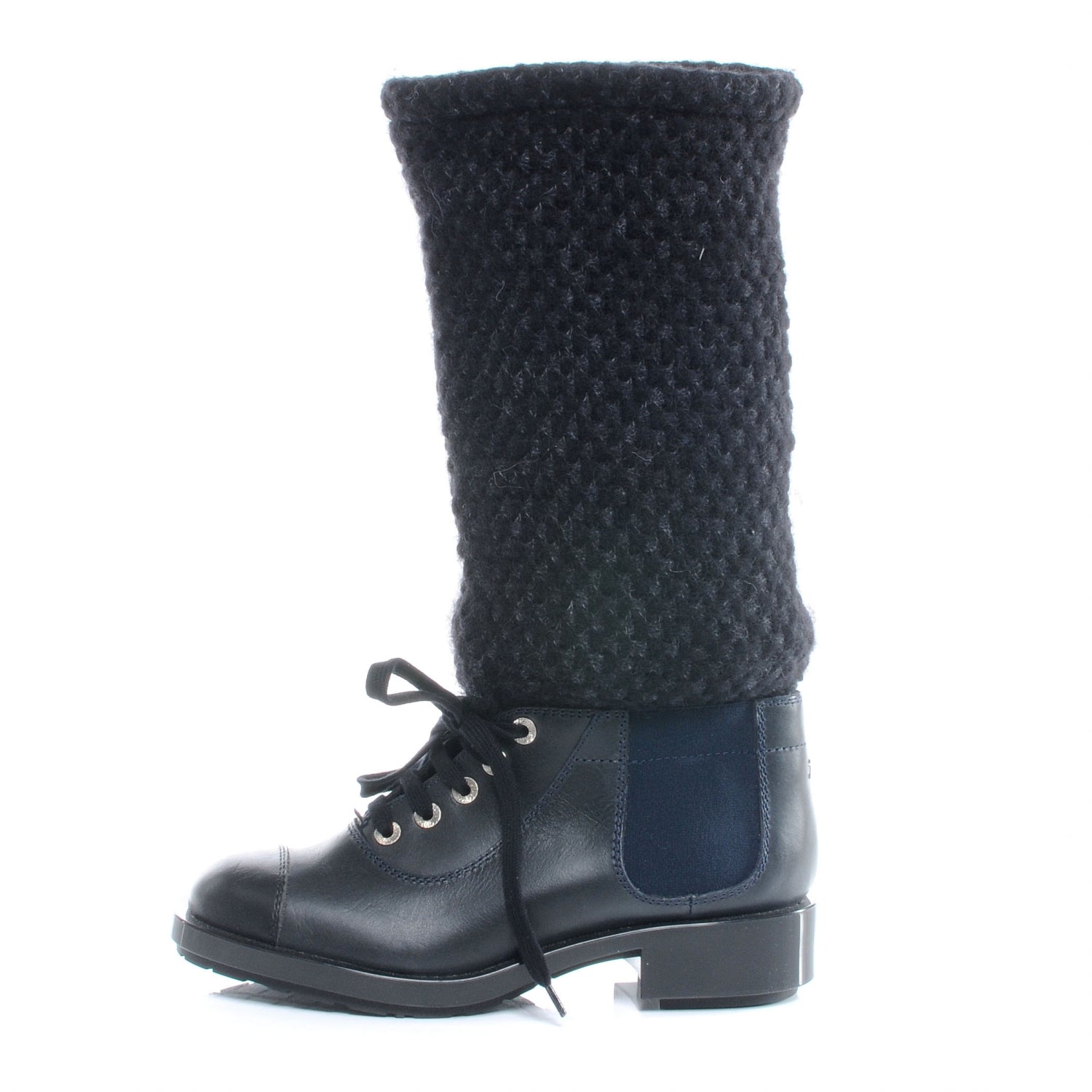 Chanel Tweed Leather Combat Boots 37 Navy 1 of 5