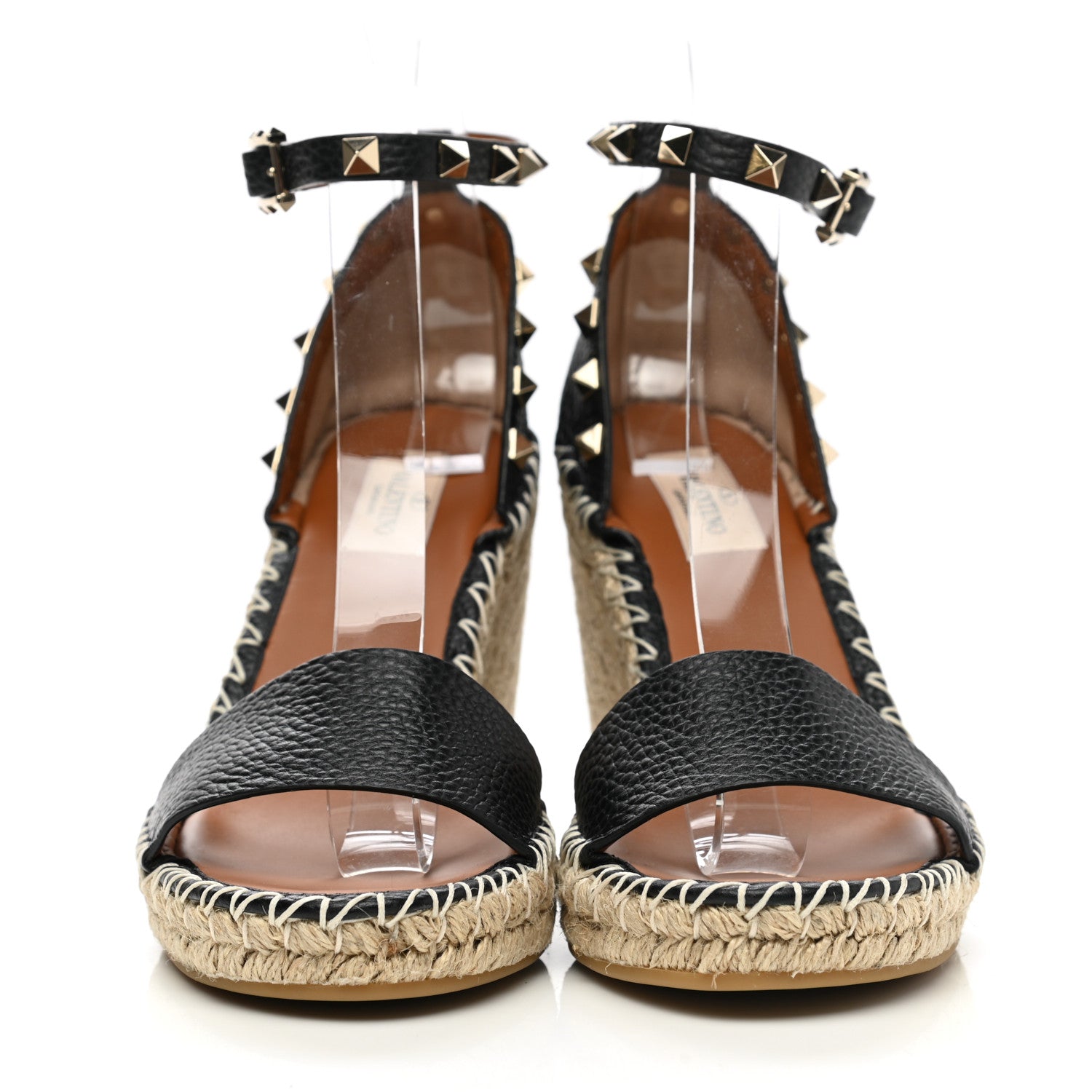Valentino Garavani Grained Calfskin Rockstud Ankle Strap Espadrille 15/105mm Wedge Sandals 39 Black Light Cuir Natural 2 of 9