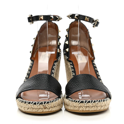 Valentino Garavani Grained Calfskin Rockstud Ankle Strap Espadrille 15/105mm Wedge Sandals 39 Black Light Cuir Natural 2 of 9