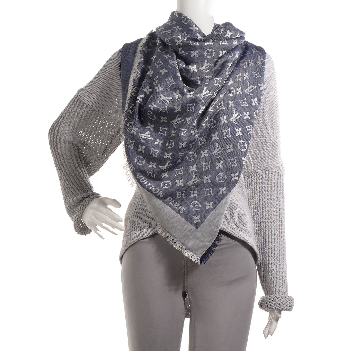 Silk Wool Monogram Denim Shawl Blue