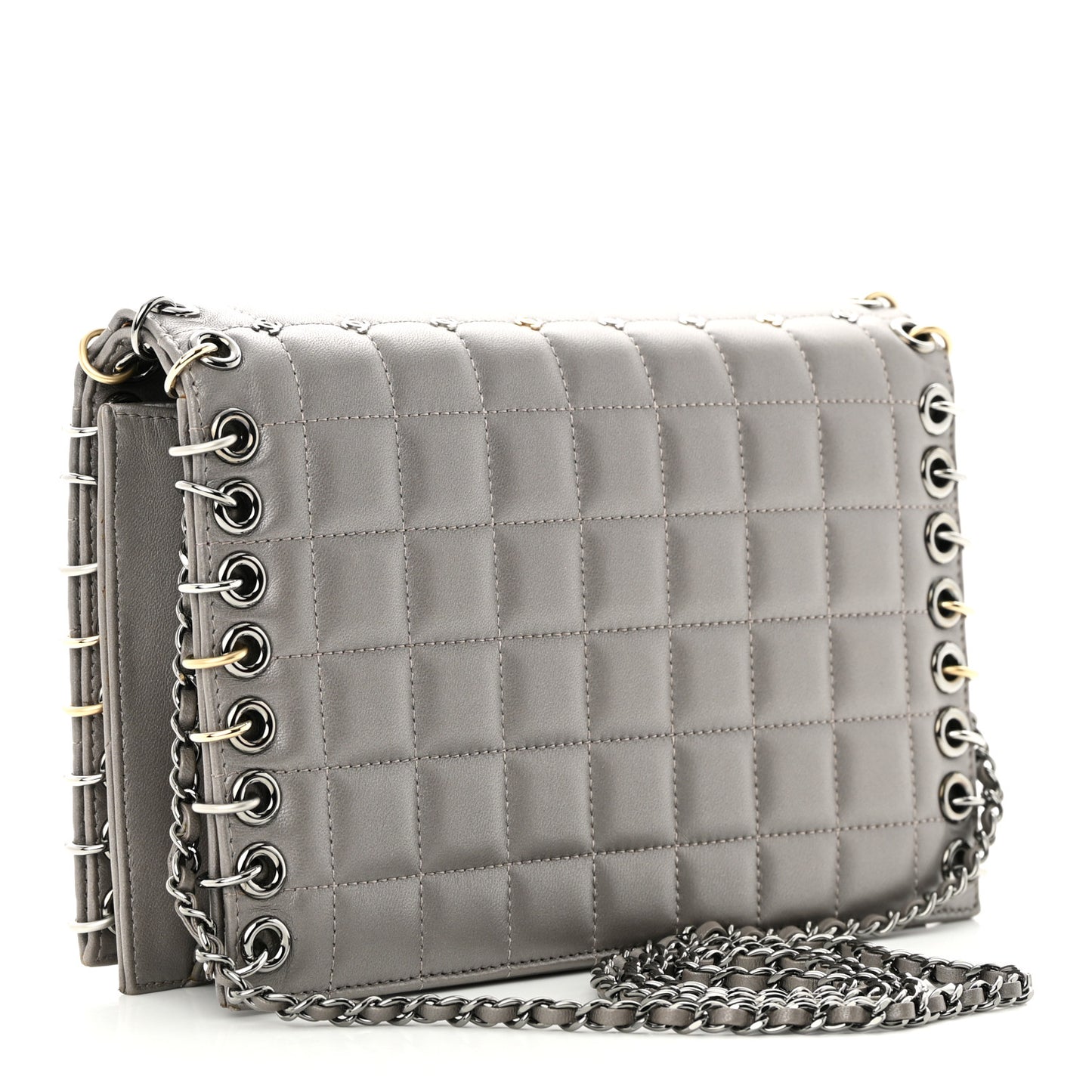 Lambskin Chocolate Bar Piercing CC Studded Small Chain Flap Bag Grey