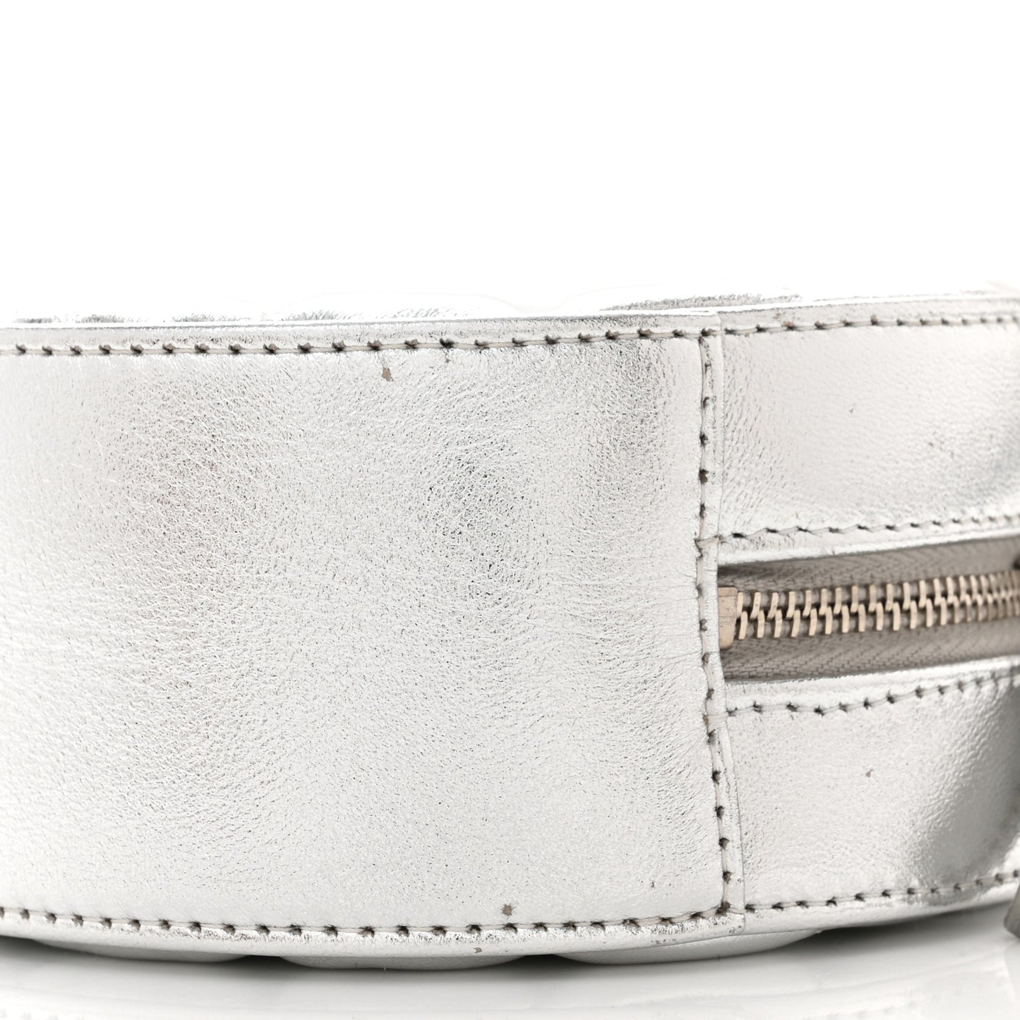 Metallic Calfskin Quilted Round Bracelet Clutch With Chain Silver