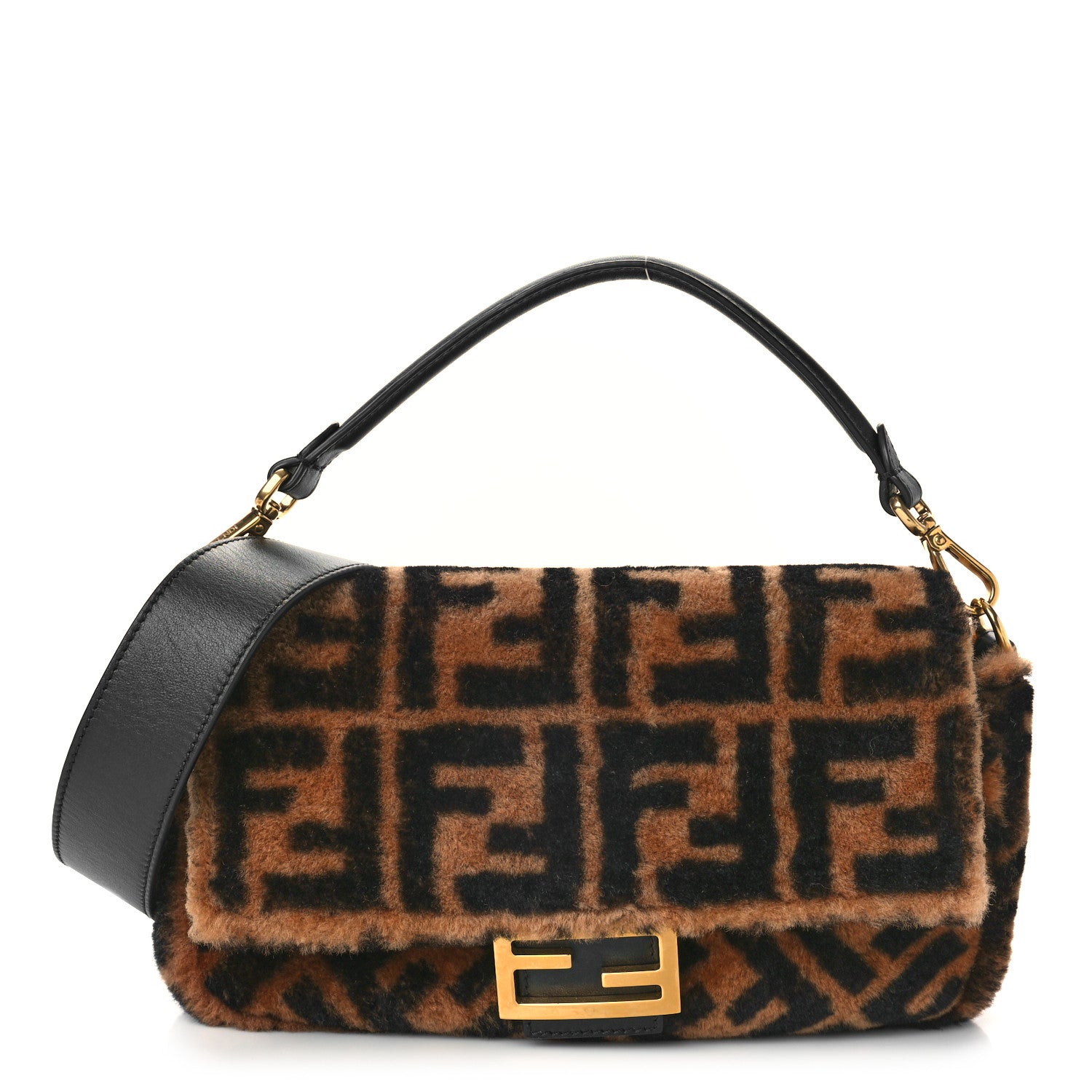 Fendi Shearling Vitello Dolce Macro FF 1974 Baguette Tobacco Black 1 of 8