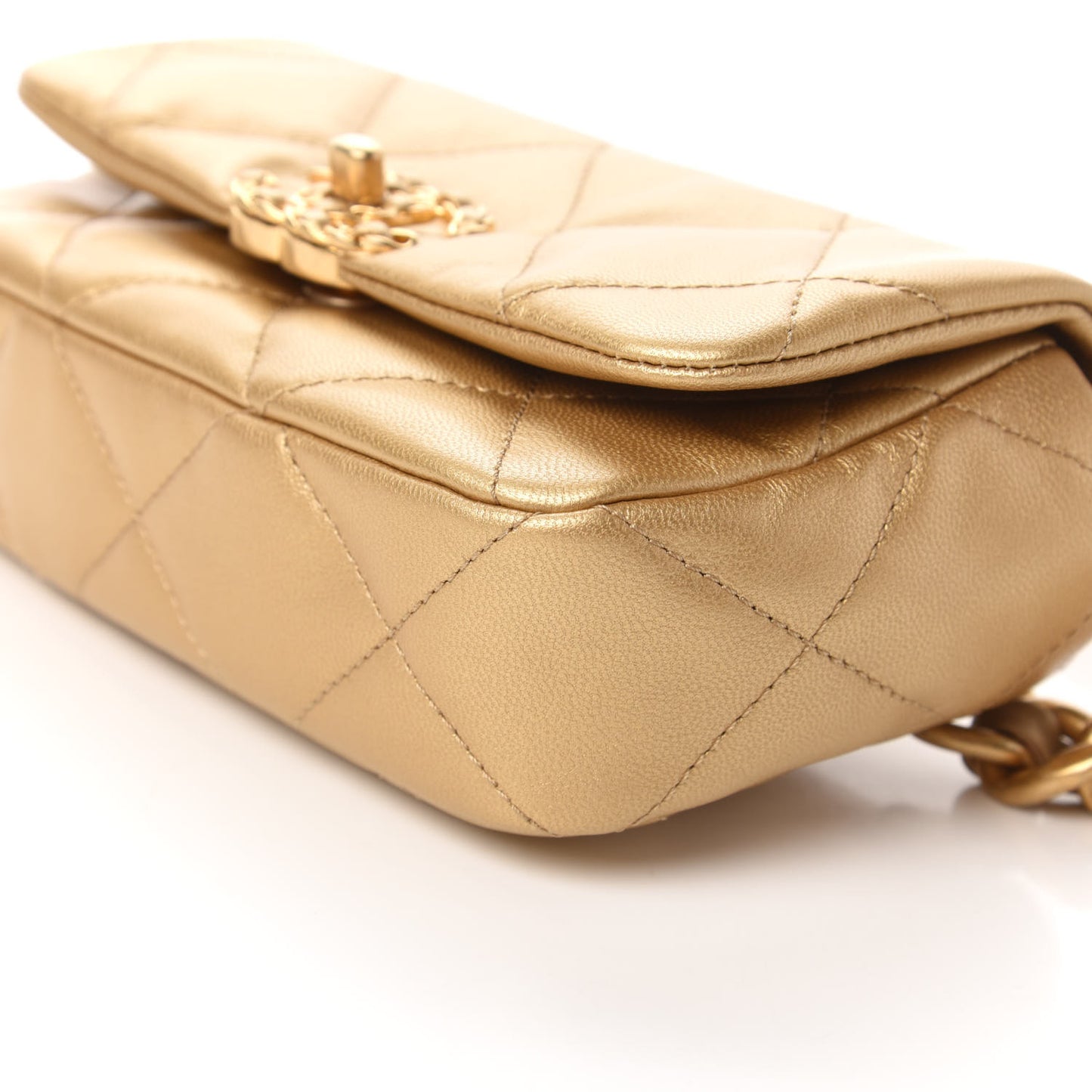 Metallic Goatskin Quilted Chanel 19 Waist Bag Gold