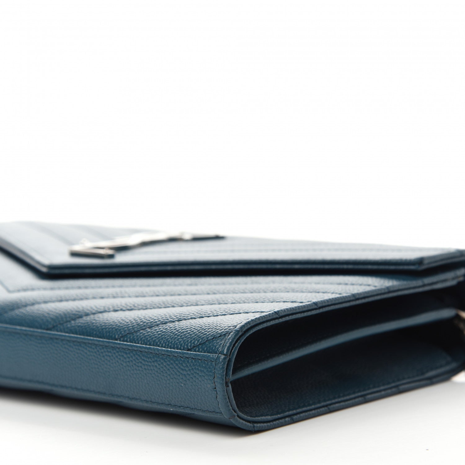 Saint Laurent Grain De Poudre Matelasse Chevron Monogram Chain Wallet Petrol Green 9 of 10