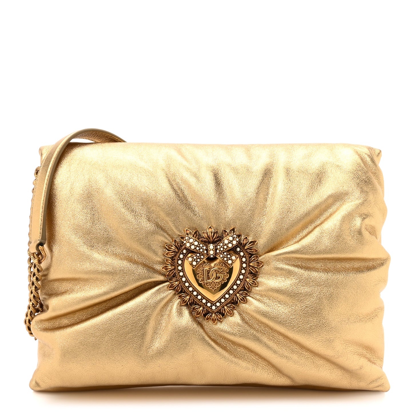 Calfskin Devotion Clutch With Chain Gold