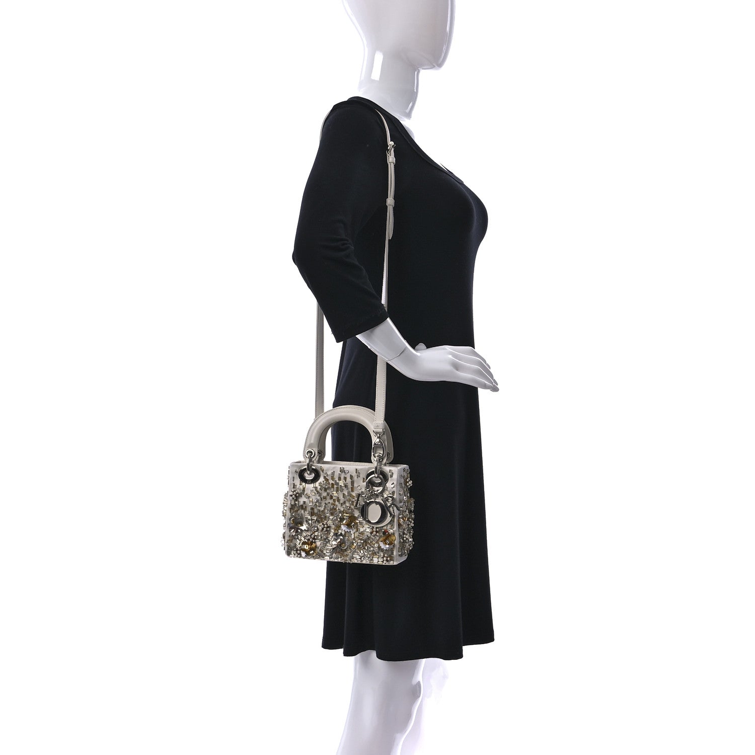 Christian Dior Satin Lambskin Sequin Embroidered Mini Lady Dior White Gold 2 of 9