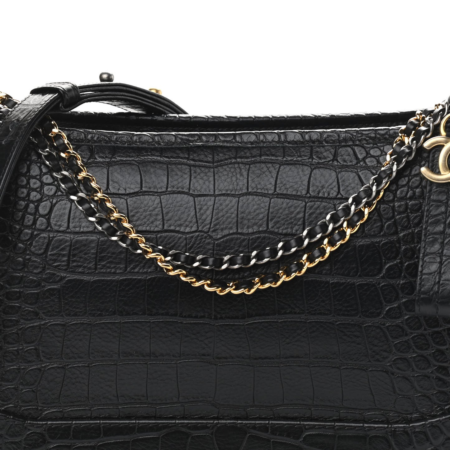 Crocodile Embossed Calfskin Medium Gabrielle Cocodile Hobo Black