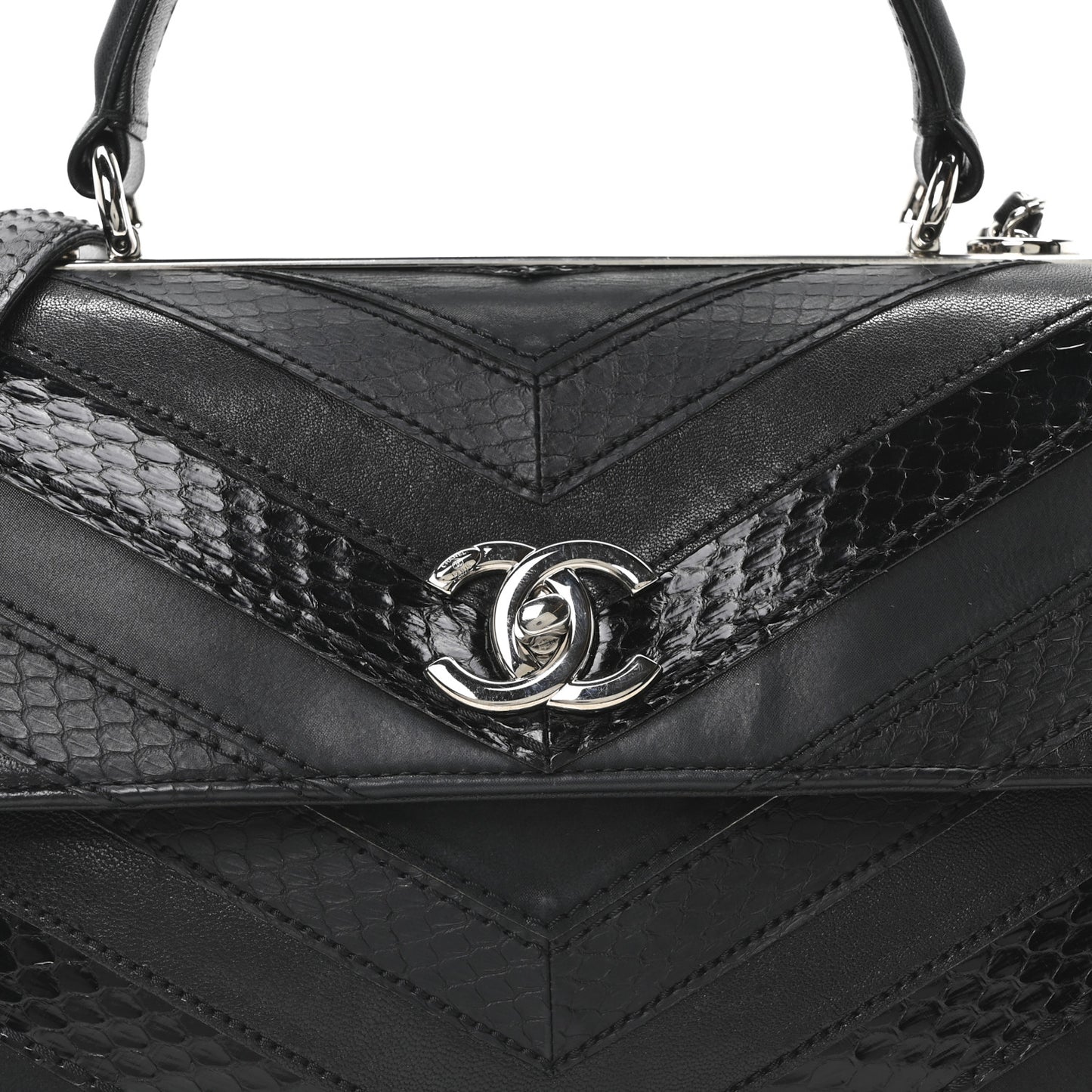Calfskin Sheepskin Watersnake Chevron Quilted CC Small Trendy CC Dual Handle Flap Bag Black