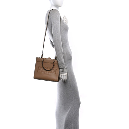 Fendi Vitello Santa Barbara Woven Logo Small Fendi Sunshine Shopper Tote Cappucino Cappucino 2 of 10