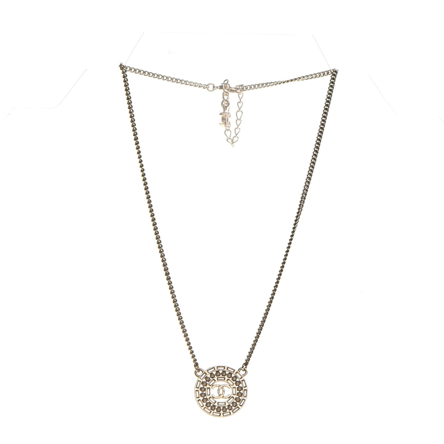 Crystal Pearl CC Medallion Necklace Light Gold