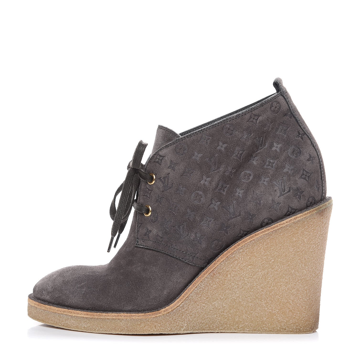 Louis Vuitton Monogram Embossed Suede Frosty Wedge Low Boots 38.5 Dark Grey 1 of 13