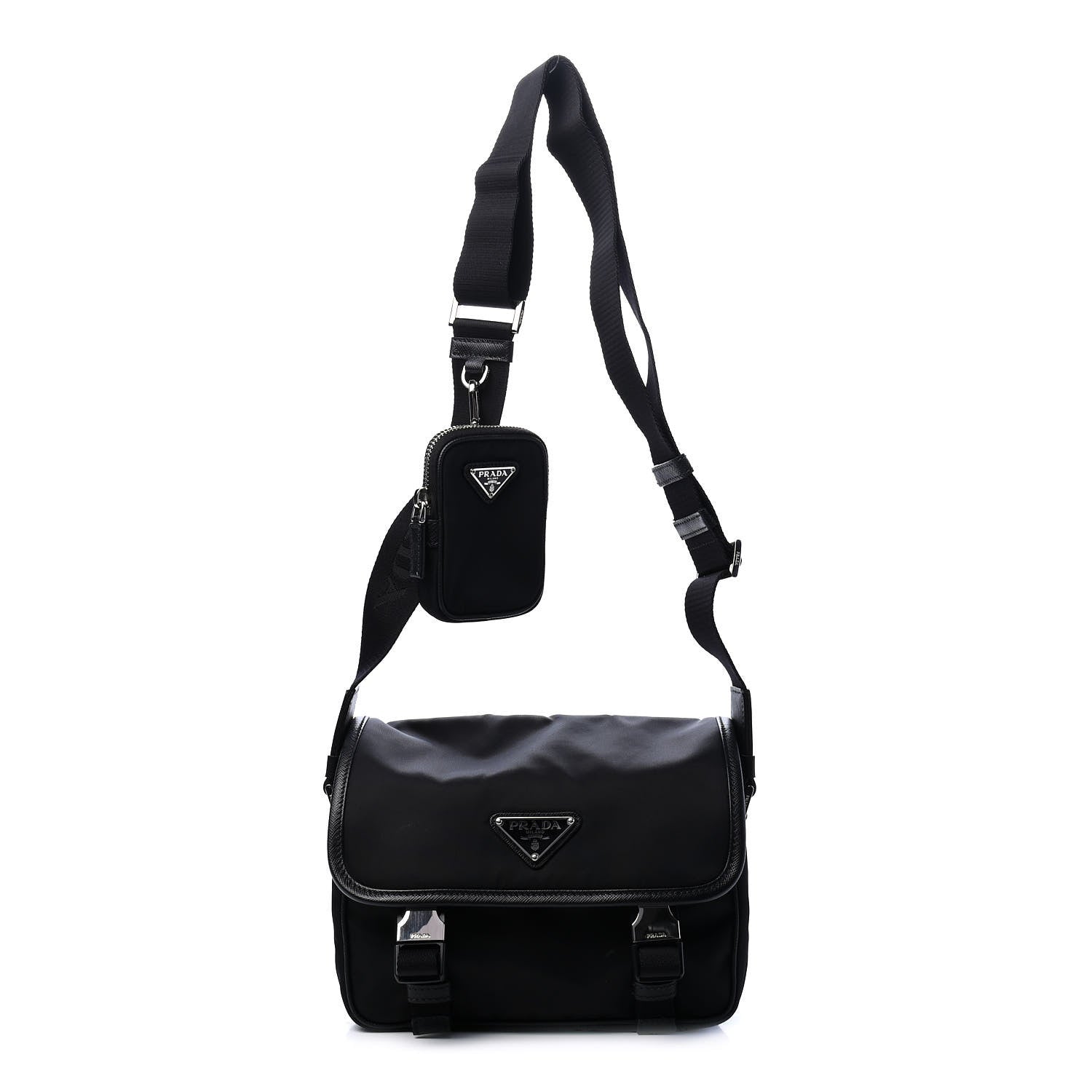 Prada Tessuto Nylon Saffiano Pocket Double Snap Buckle Messenger Shoulder Bag Black 1 of 7