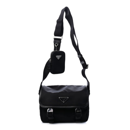 Prada Tessuto Nylon Saffiano Pocket Double Snap Buckle Messenger Shoulder Bag Black 1 of 7