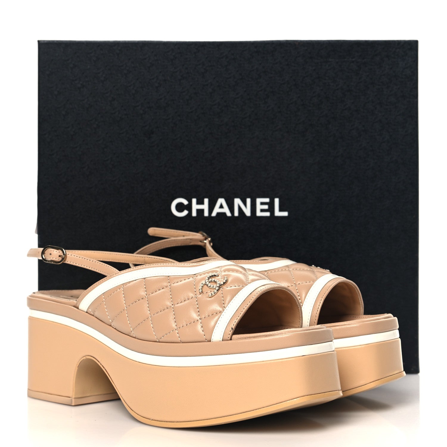 Chanel Lambskin Patent Quilted CC Platform Sandals 39.5 Beige White 10 of 10