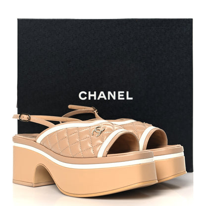 Chanel Lambskin Patent Quilted CC Platform Sandals 39.5 Beige White 10 of 10