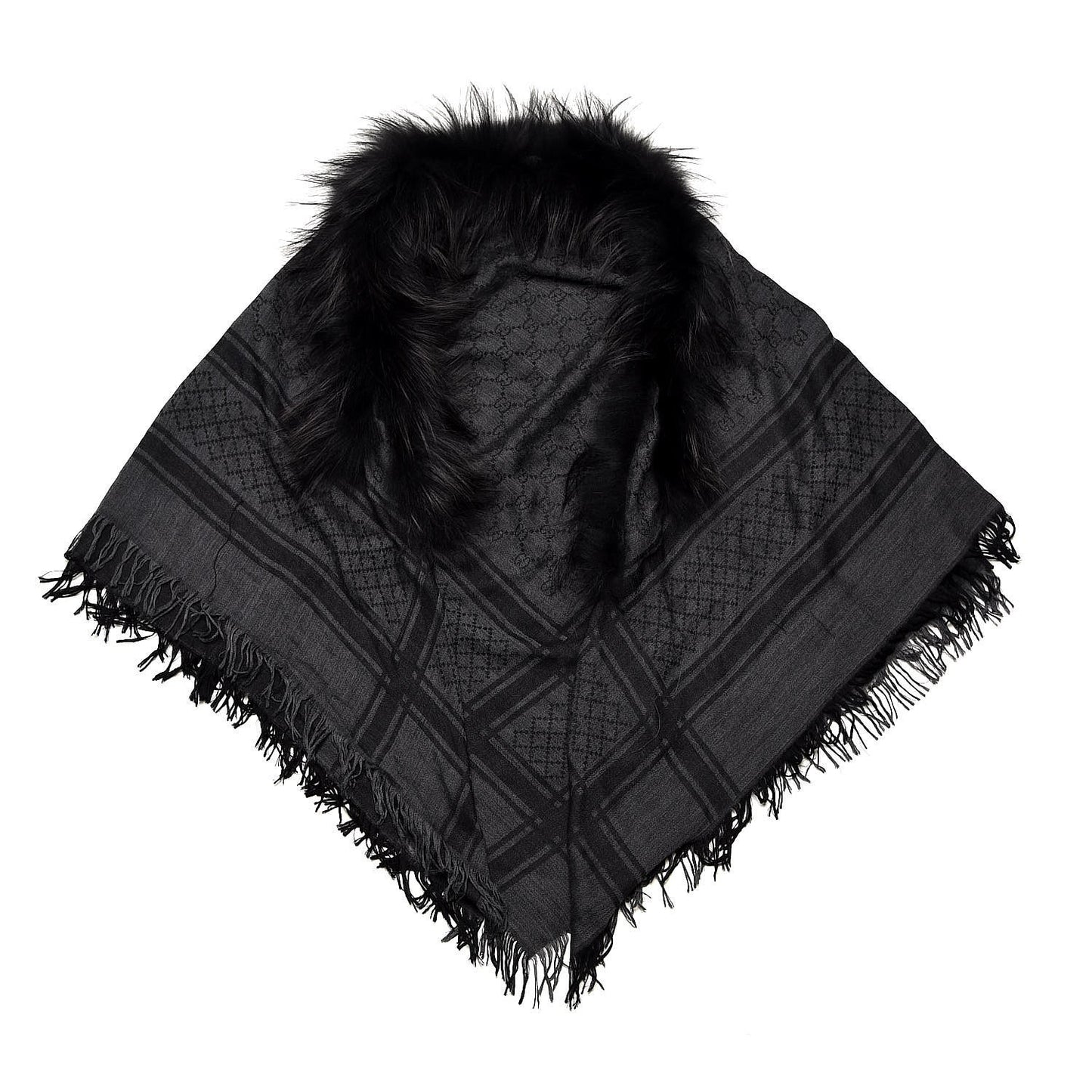 Wool Silk Fox Fur Monogram Shawl Scarf Black