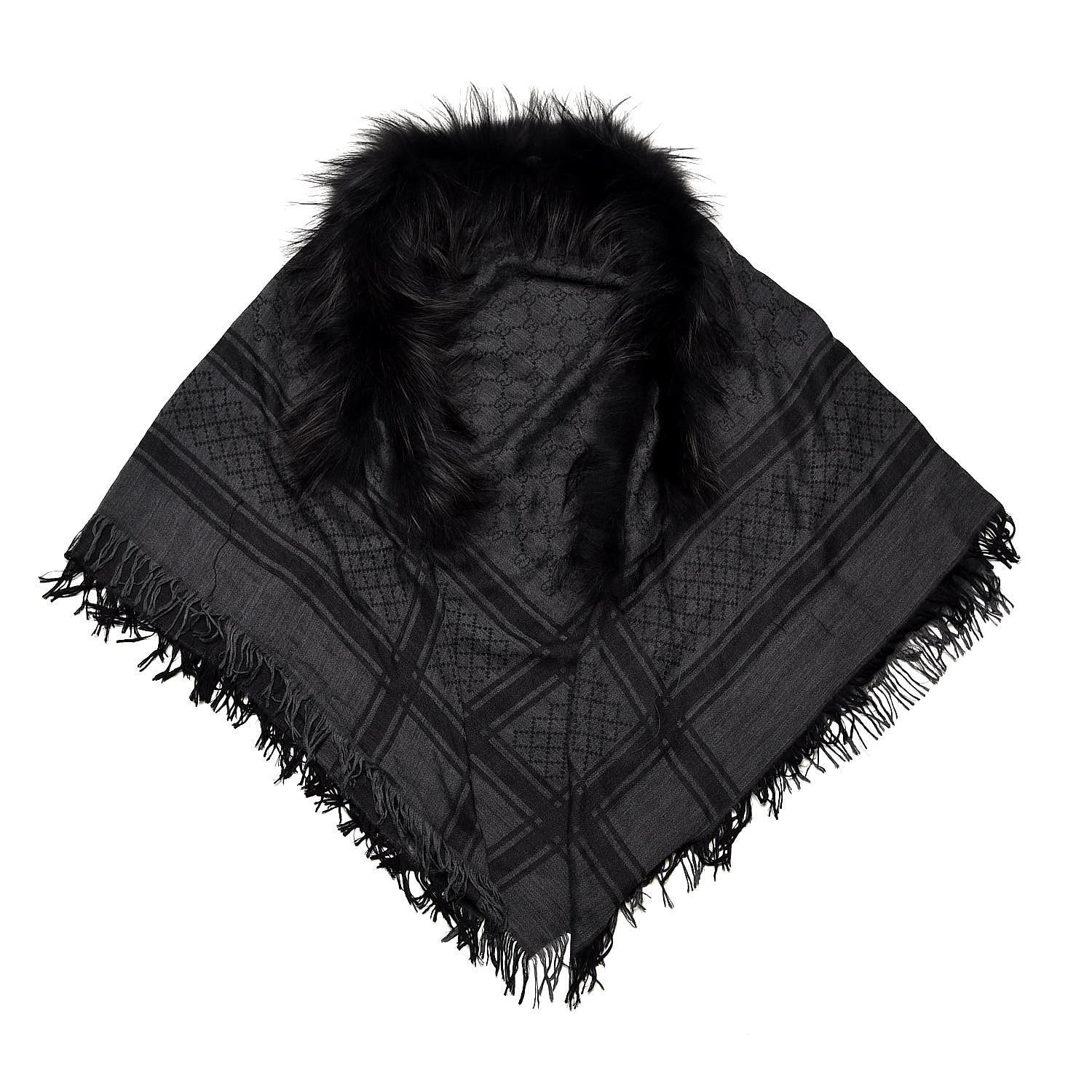 Gucci Wool Silk Fox Fur Monogram Shawl Scarf Black 1 of 3