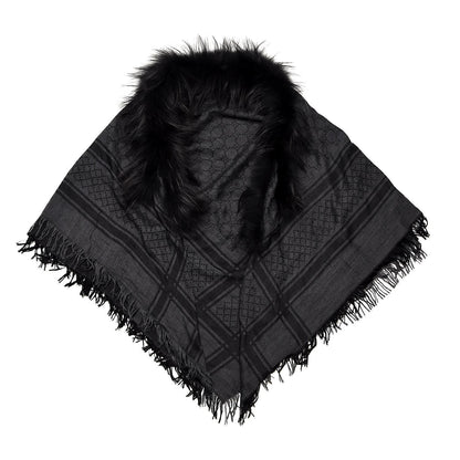 Gucci Wool Silk Fox Fur Monogram Shawl Scarf Black 1 of 3