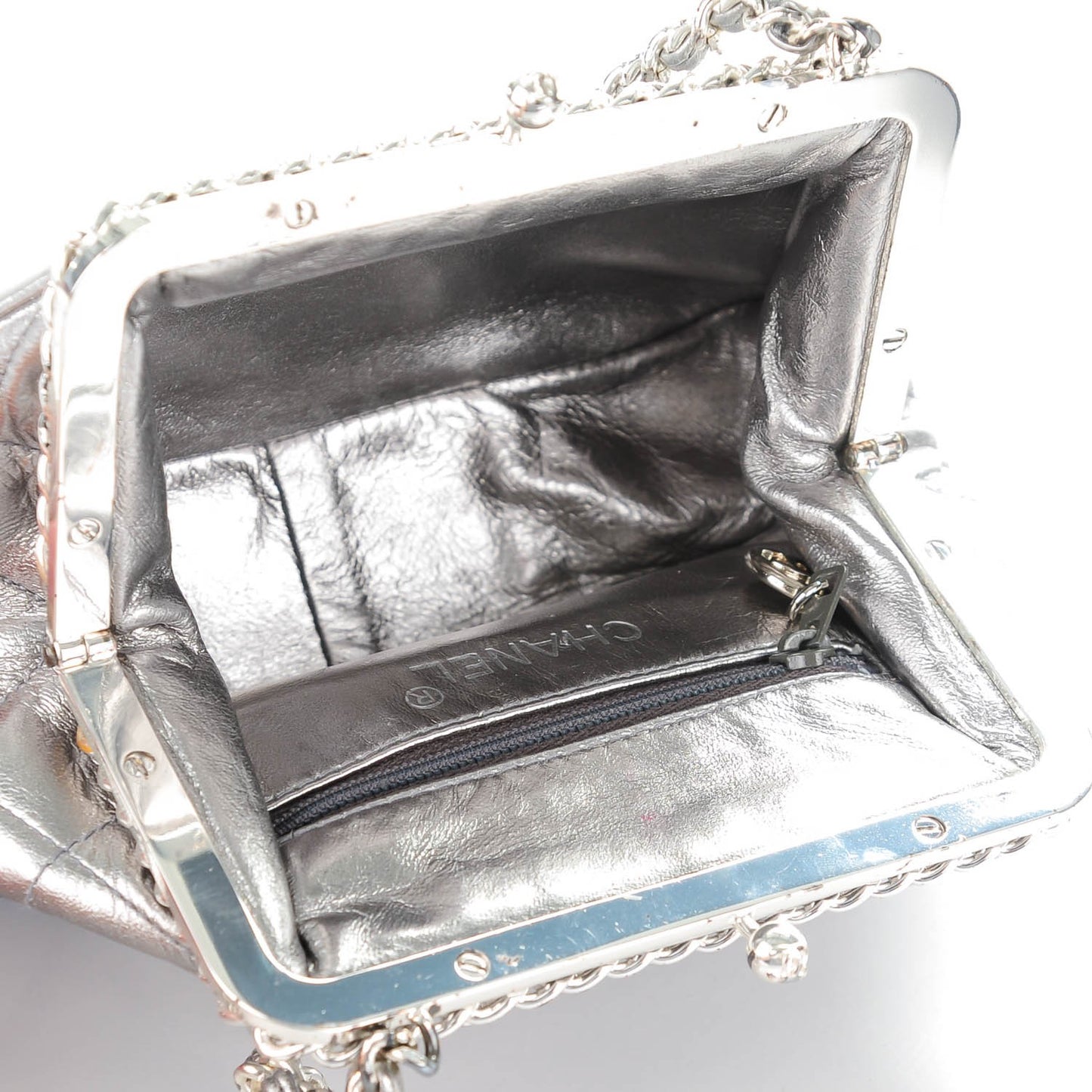 Metallic Lambskin Quilted Mini Kisslock Evening Bag Silver