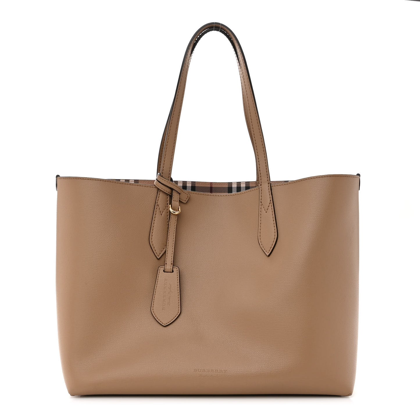Grainy Calfskin Haymarket Check Medium Reversible Tote Camel