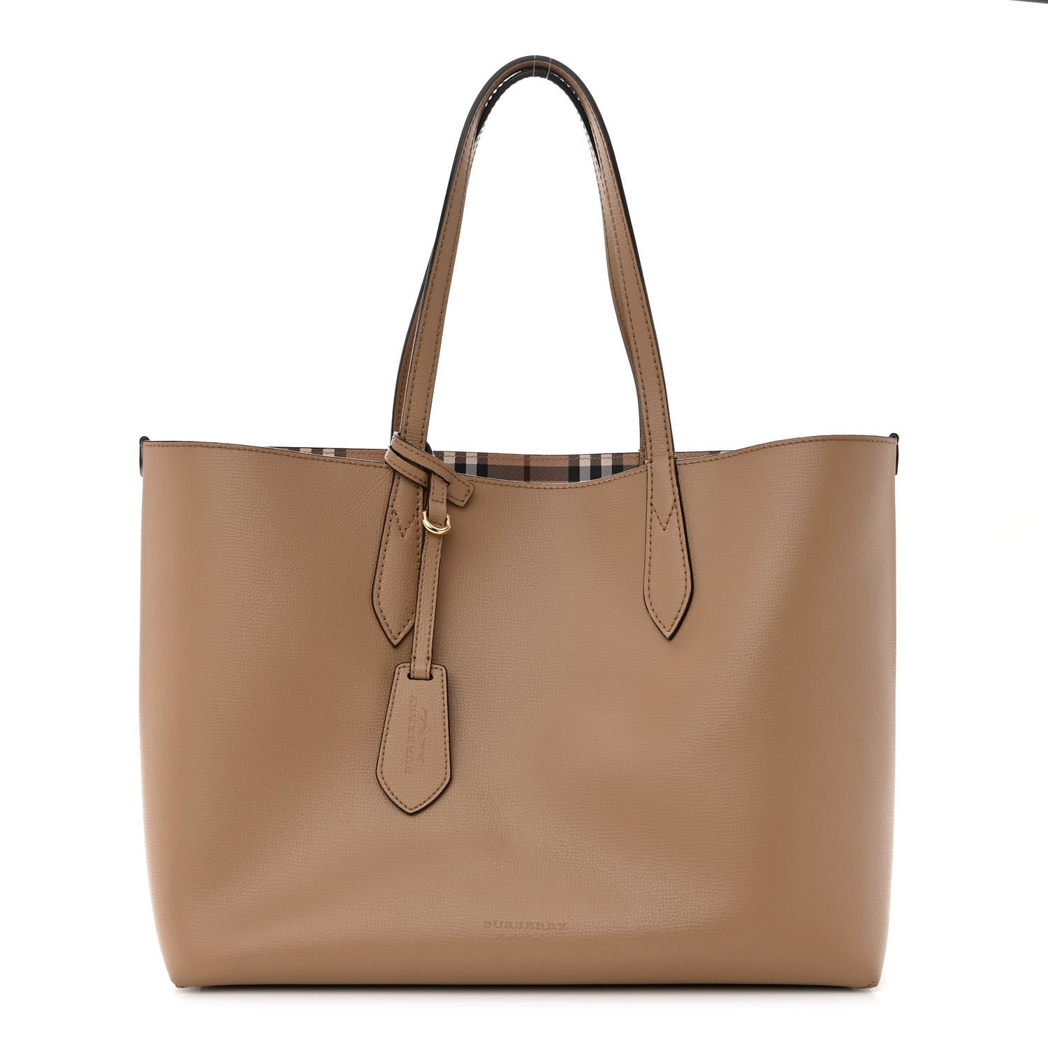 Burberry Grainy Calfskin Haymarket Check Medium Reversible Tote Camel 1 of 18