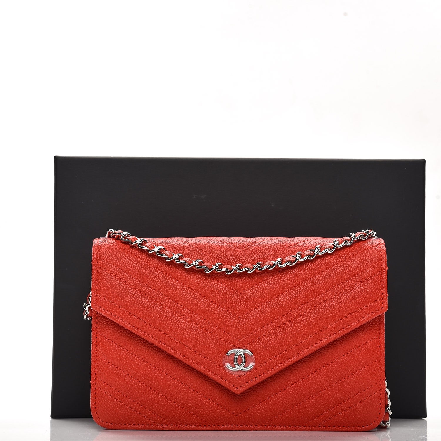 Chanel Caviar Chevron Quilted Statement Wallet On Chain WOC Red 9 of 9