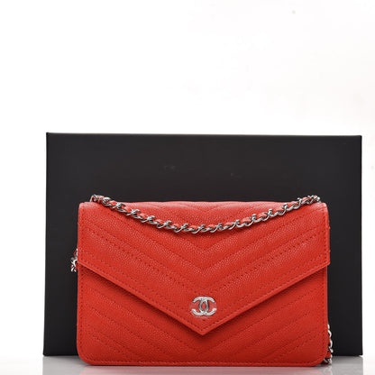 Chanel Caviar Chevron Quilted Statement Wallet On Chain WOC Red 9 of 9