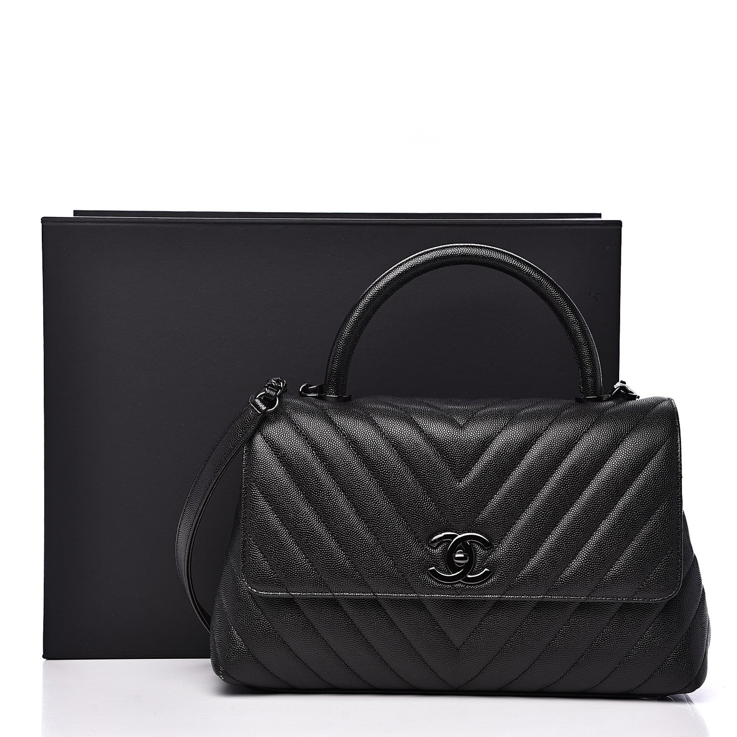 Caviar Chevron Quilted Small Coco Handle Flap So Black
